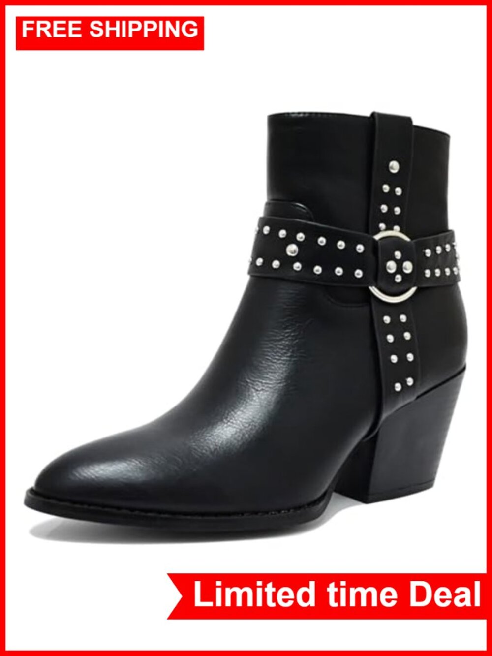 Chunky Stacked Heel Pointed Toe Ankle Boots with Side Zipper Faux Leather